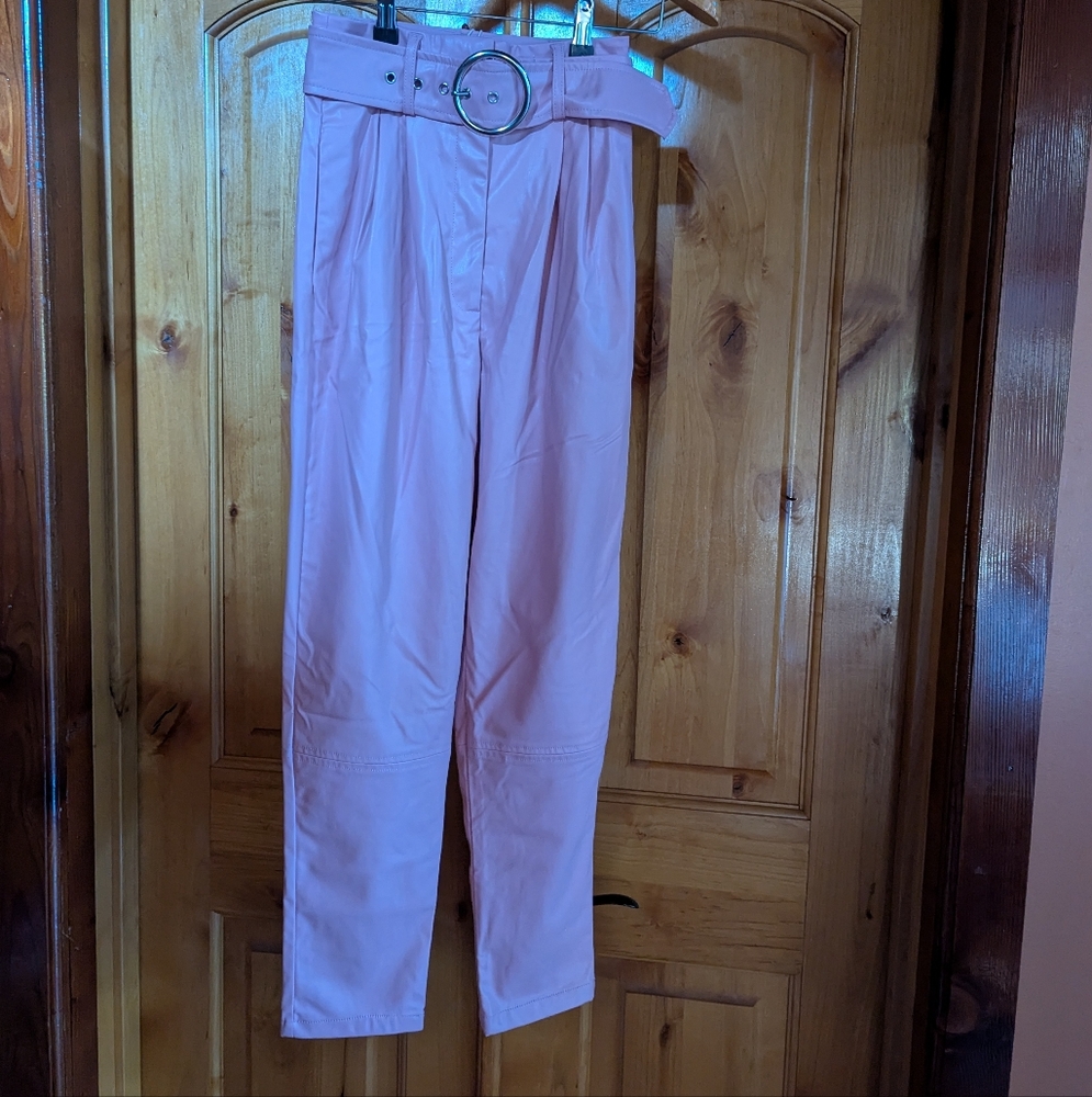 NWT FOR LOVE AND LEMONDS Pink High-Waisted Belted Pants SZ XS VEGAN LEATHER